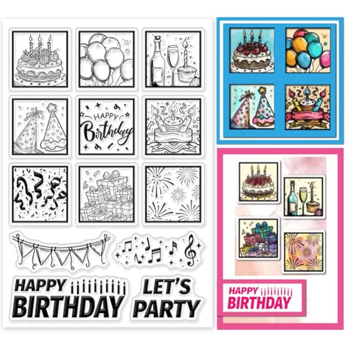 GLOBLELAND Torte Ballons Klare Stempel Mit Happy Birthday Hintergrund Zum Basteln von Karten Weinflasche Kerze Ballon Klare Stempelsiegel Transparente Stempel Für DIY Scrapbooking Fotoalbum Tagebuch von GLOBLELAND