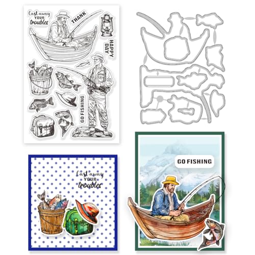 GLOBLELAND Transparente Stempel „Go Fishing“ Mit Mann Fisch Lampenrahmen Stanzformen Set Silikon Transparenter Stempel Metall Stanzungen Für Kartengestaltung Und DIY Prägungen Scrapbooking Basteln von GLOBLELAND