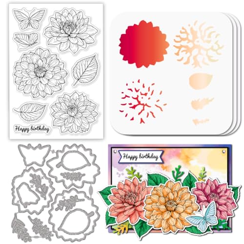 GLOBLELAND Dahlie Stempel and Cutting Dies Set for Card Making Blumen Stamps and Stencils Florale Geschichtet Embossing Stencil for DIY Scrapbooking Crafts Album Accessories von GLOBLELAND