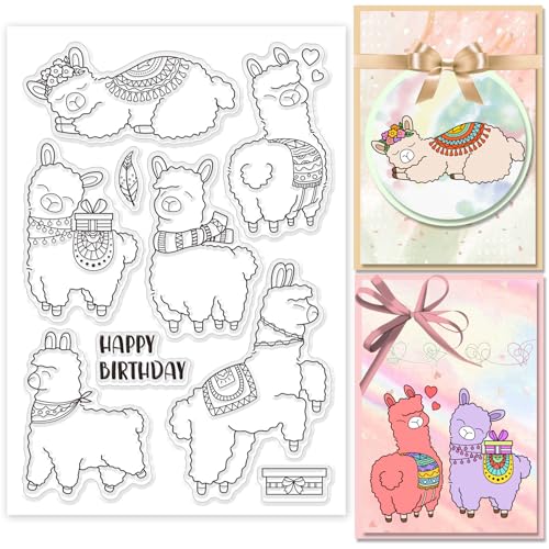 GLOBLELAND Stempel Mit Alpaka „Happy Birthday“ Geschenkbox Transparente Silikonstempel Siegel Mit Cartoon Tieren Transparente Stempel Für Selbstgemachte Scrapbooking Erstellen von GLOBLELAND