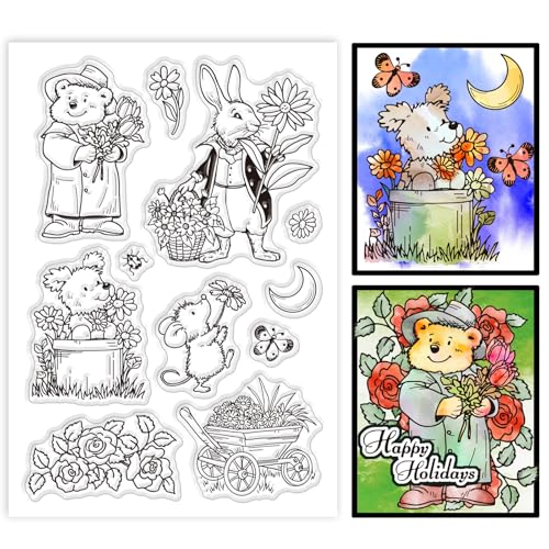 GLOBLELAND Blumen und Tiere Transparente Silikonstempel Bären Hasen Klare Stamps Mäuse Hunde Silikonstempel Für Kartengestaltung DIY Prägung Journaling von GLOBLELAND