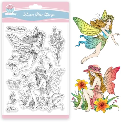 GLOBLELAND 6.3x4.33 Zoll Blumenfee Transparente Stempel für Scrapbooking Schmetterlingsfee Klare Stamps FrühlingsBlumen Pflanzen Silikonstempel Für Kartengestaltung DIY Prägung Journaling von GLOBLELAND