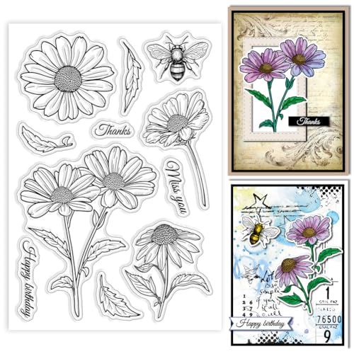 GLOBLELAND Transparente Stempel Mit Gänseblümchenmotiv Biene Blumen Silikon Transparente Stempel Siegel Blätter Für Selbstgemachte Scrapbooking Karten Herstellung von Fotoalben Journalen von GLOBLELAND