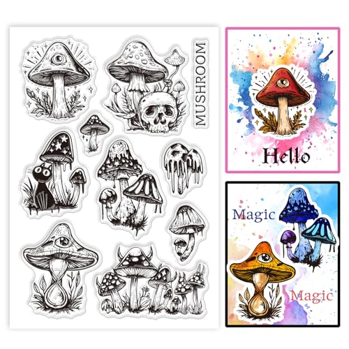 GLOBLELAND Transparente Stempel Mit Gotischem Pilzmotiv Silikonstempel Mit Schwarzer Katze Böser Blick Und Skelett Klare Stamps Für Selbstgemachtes Und Kartenmachen Tagebuch 6.3x4.33(5) cm von GLOBLELAND