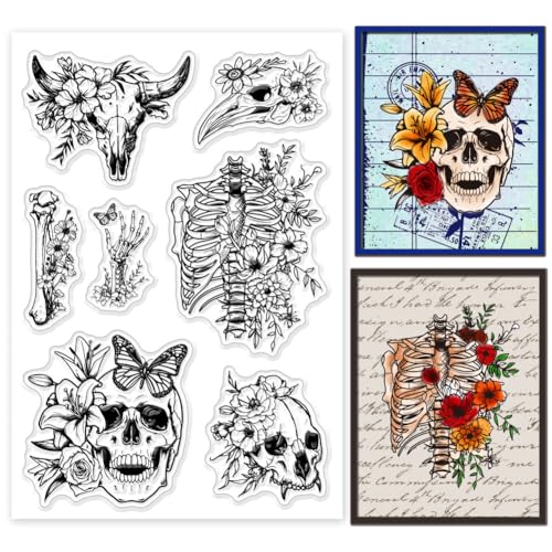 GLOBLELAND Transparente Stempel Mit Halloween Skelett Lilie Rose Schmetterling Silikon Stempel Siegel Blumen Silikonstempel Für DIY Scrapbooking Karten Erstellen von Fotoalben Journalen von GLOBLELAND