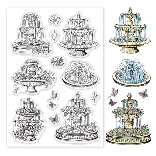 GLOBLELAND Transparente Stempel Mit Retro Gartenbrunnen Blume Für DIY Scrapbooking Blumen Schmetterling Silikon Stempelsiegel Transparenter Stempel Für Karten Fotoalbum Tagebuch 6.3x4.33 Zoll von GLOBLELAND