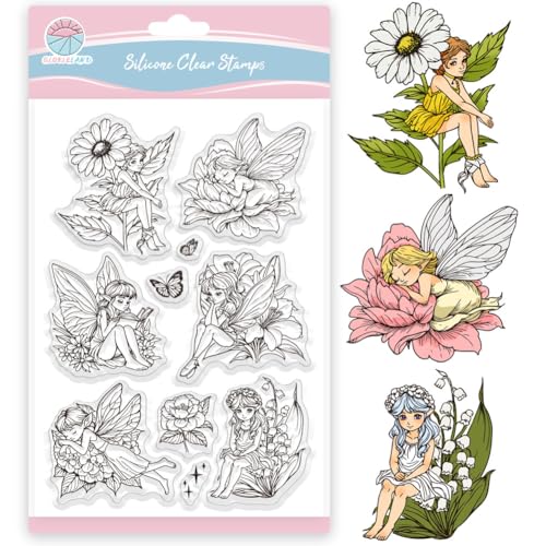 GLOBLELAND 6.3x4.33 Zoll Blumen Fee Schmetterling Transparente Silikonstempel Gänseblümchen Klare Stamps Lilienglöckchen Hortensie Silikonstempel Für Kartengestaltung DIY Prägung Journaling von GLOBLELAND
