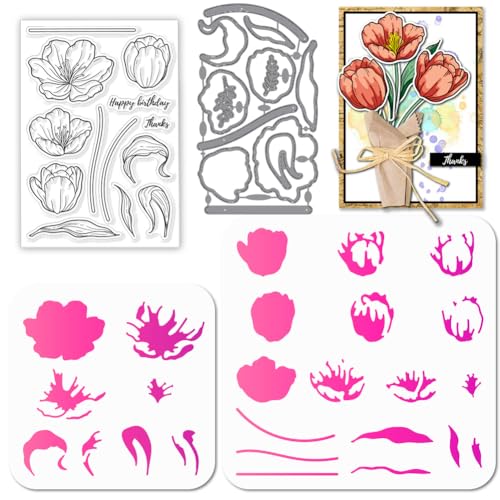 GLOBLELAND Tulpen Stempel and Cutting Dies Set for Card Making Blumen Blättern Stamps and Stencils Geschichtet Embossing Stencil for DIY Scrapbooking Crafts Album Accessories von GLOBLELAND