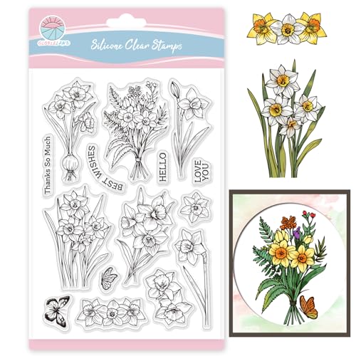 GLOBLELAND Narzisse Etikett Transparente Silikonstempel Blumen Klare Stamps Schmetterlinge Silikonstempel Für Kartengestaltung DIY Prägung Journaling von GLOBLELAND
