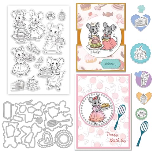 GLOBLELAND Transparenter Stempel Mit Mausmotiv Stanzformen Set Für Kuchenetiketten Lebensmittel Desserts Silikon Transparente Stempel Metall Koch Stanzungen Für Die Kartengestaltung Und DIY Prägungen von GLOBLELAND