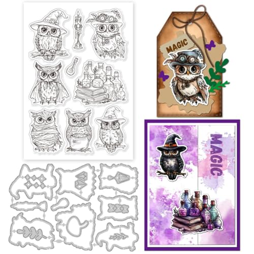 GLOBLELAND Magische Eule Silikonstempel Metall Stanzformen Malschablonen Für Die Kartenherstellung Zaubertrankflasche Stempel Stanzformen Kerze Schablonen Set Für DIY Scrapbooking Kunsthandwerk von GLOBLELAND