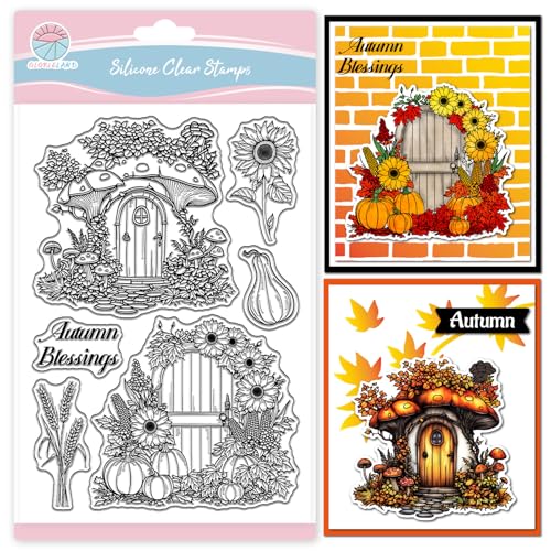 GLOBLELAND Transparenter Stempel für die Herbsttür, für Scrapbooking, Sonnenblumen, Kürbis, Silikonstempel, Türen, Hintergründe, transparenter Stempel für Kartenherstellung, DIY, Prägung, Journaling von GLOBLELAND