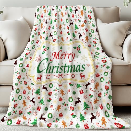GLOBLELAND Überwurf Mit Weihnachtstext „Merry Christmas“ 59x51Zoll Weihnachtsbaum Weiche Gemütliche Flanelldecke Waschbar Flauschige Überwurfdecke Für Büro Zimmer Bett Sofa Stuhl von GLOBLELAND
