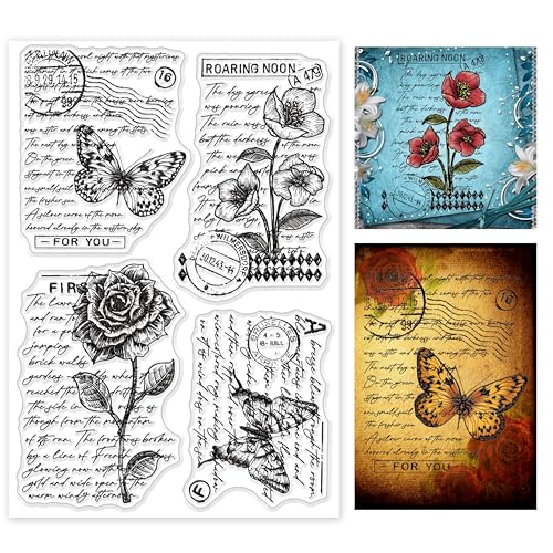 GLOBLELAND Vintage Blumen Klare Stempel für DIY Scrapbooking Dekor Skizze Schmetterlinge Handgeschriebener Text Rosen Mohnblumen Transparente Silikonstempel zum Erstellen von Karten Fotoalbum von GLOBLELAND