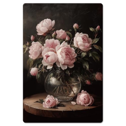 GLOBLELAND Vintage Dunkles Blumen Metallschild Rosa Blumen Vintage Gemälde Blechschilder 12x8 Zoll Retro Wandkunsttafel Poster Für Zuhause Schlafzimmer Bar Kaffeehaus Club Dekoration von GLOBLELAND