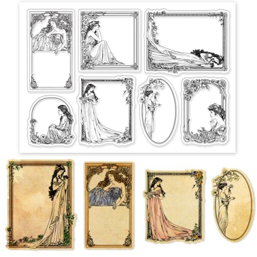 GLOBLELAND Vintage Frau Rahmen Transparente Silikonstempel Vintage Dame Rahmen Klare Stamps Blumen Rahmen Silikonstempel Für Kartengestaltung DIY Prägung Journaling von GLOBLELAND