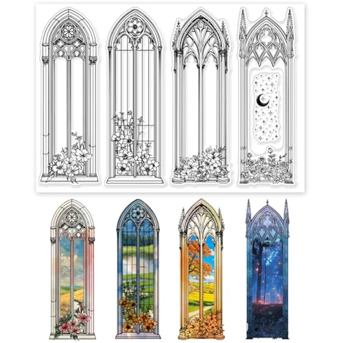 GLOBLELAND Vintage Gothic Windows Transparente Stempel Blumen Lesezeichen Transparente Stempel Sparkle Moon Silikonstempel Für DIY Scrapbooking Fotoalbum Dekorative Karten Herstellung 8.27x5.83 Zoll von GLOBLELAND