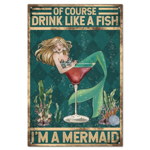 GLOBLELAND Vintage Meerjungfrau Metall Blechschild Poster 8x12 Zoll „Drink Like A Fish“ Retro Metallwand Dekorative Blechschilder Für Zuhause Küche Bar Café Club von GLOBLELAND