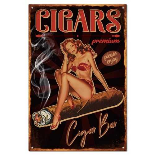 GLOBLELAND Vintage Pin Up Lady Metall Blechschild, 8x12 Zoll, Retro Zigarre, Lustiges Blech, Zimmertürschild, Höhlenschilder, Kunstplakette, Poster, Wanddekoration Für Zuhause, Bars, Cafés, Pubs von GLOBLELAND