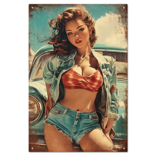 GLOBLELAND Vintage Dame Retro Blechschild Pin Up Lady 12×8 Zoll Lustige Schilder Oldtimer Vintage Metallschild Für Autowerkstatt Autohaus Garage Autobahn Café Bar Home Retro Nostalgie Premium von GLOBLELAND