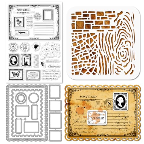 GLOBLELAND Vintage Postkarten Stempel and Cutting Dies Set for Card Making Rechteckiger Stamps and Stencils Texturierte Hintergründe Embossing Stencil for DIY Scrapbooking Crafts Album Accessories von GLOBLELAND
