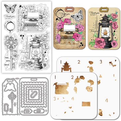 GLOBLELAND Vintage Schlüssel Stempel and Cutting Dies Set for Card Making Schreibmaschine Stamps and Stencils Retro Lampe Geschichtet Embossing Stencil for DIY Scrapbooking Crafts Album Accessories von GLOBLELAND