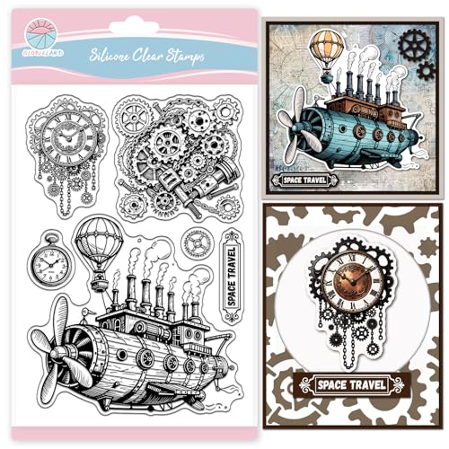 GLOBLELAND Vintage Steampunk Raumschiff Zahnräder Klare Stempel Mechanische Uhr Transparente Stempel Heißluftballon Silikonstempel Für DIY Scrapbooking Fotoalbum Karten Herstellung 6.3x4.3in von GLOBLELAND