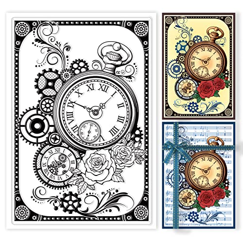 GLOBLELAND Vintage Uhr Rahmen Hintergrund Klar Stempel Steampunk Gear Border Transparent Silikon Stempel Blume Gummistempel für Scrapbook Journal Kartenherstellung 4,3 x 6,3 Zoll von GLOBLELAND