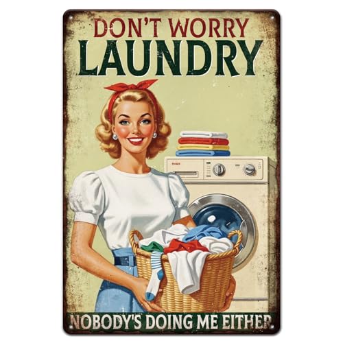 GLOBLELAND Vintage Waschraum Lady Metal Blechschild 12x8 Zoll Haus Frau Blechschild Dekor Zeichen Retro Waschmaschine Wand Metallplakette für Toilette Haus Waschraum Cafes Balkon Shopstore Dekoration von GLOBLELAND