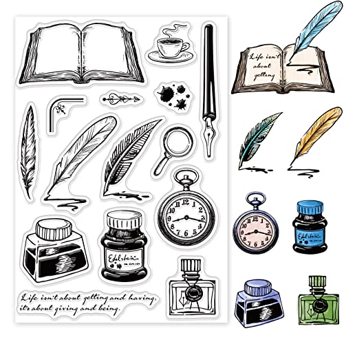 GLOBLELAND Vintage-Weltbuchtag Silikonstempel Quill Pen Transparente Stempel Ink Bottle Klare Stamps Für Karten Herstellung DIY Scrapbooking Basteln von GLOBLELAND