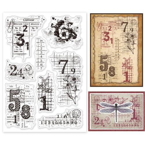 GLOBLELAND, transparente klare Stempel mit Vintage-Zahlen-Hintergrund, Blumen-Wort-Prägestempel, klare Silikon-Stempelsiegel für DIY, Scrapbooking und Kartenherstellung, Papier, Handwerk, Dekor von GLOBLELAND
