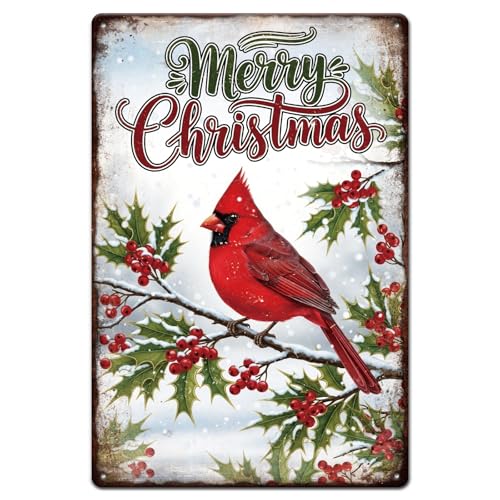 GLOBLELAND Weihnachts Kardinalvogel Retro Blechschild 8x12 Zoll „Frohe Weihnachten“ Lustige Schilder Vintage Metallschild Für Wohnzimmer Weihnachten Kamin Büro Schreibtisch Schlafzimmer Couchtisch von GLOBLELAND