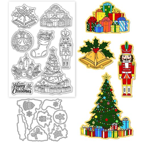 GLOBLELAND Weihnachtsdekorationen Transparente Stempel Und Metallstanzungen Weihnachtsbaum Transparenter Stempel Glockenstrümpfe Kerzen Stanzformen Für Kartengestaltung Prägung Scrapbooking von GLOBLELAND