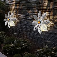 2er Set LED Außen Solarlampe Steckleuchte Gartenlampe Windrad Gartendeko Stecklampe silber grau Außenlampe Erdspieß, Metall gelb, Bruchglas, von GLOBO LIGHTING