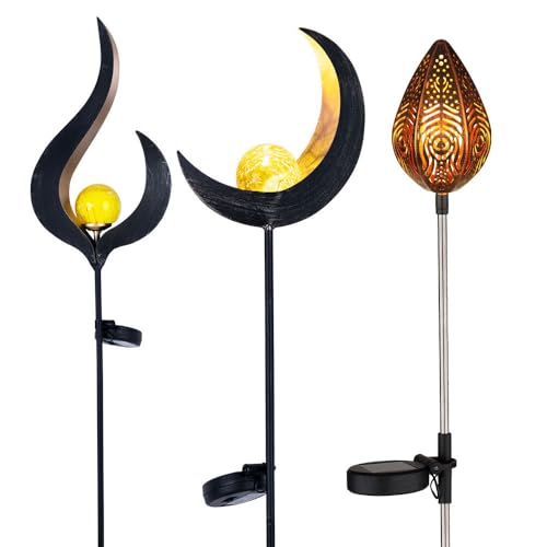 GLOBO LED Solarleuchten-Set Mond Flamme Tropfen Außenlampe Solar 3er Set, Erdspieß Metall, 16.7 x 6 x 90 cm, klar, bronzefarben von GLOBO