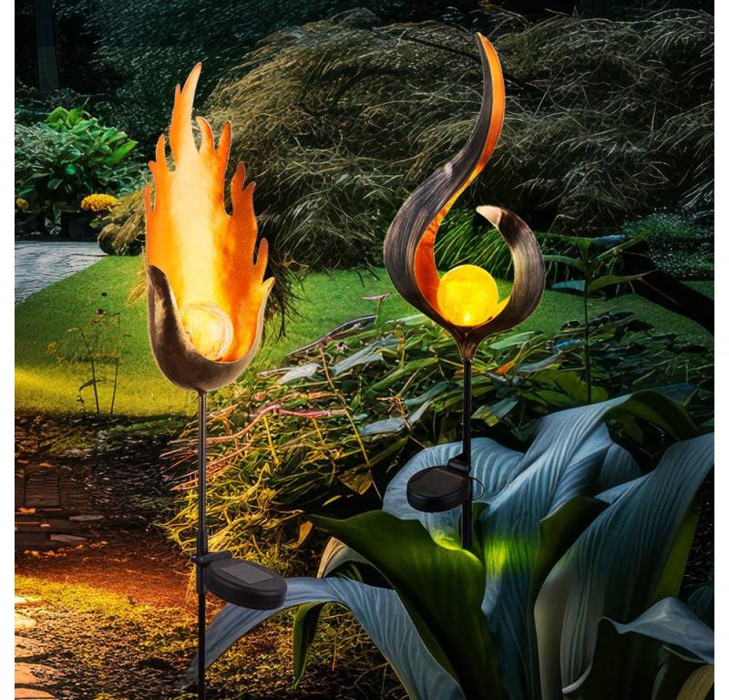 GLOBO LIGHTING Außen-Stehlampe, LED-Leuchtmittel fest verbaut, Solarlampe Außenleuchte Gartenlampe Erdspieß Flammen Design 2er Set von GLOBO LIGHTING