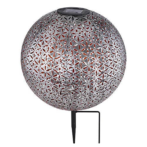 GLOBO LIGHTING LED Solar Steck Leuchte Außen Garten Erdspieß Strahler Stanzungen Deko-Licht Terrassen Hof Balkon Kugel Lampe, Farbe:Silber - Blumen-Optik H 38 cm von GLOBO