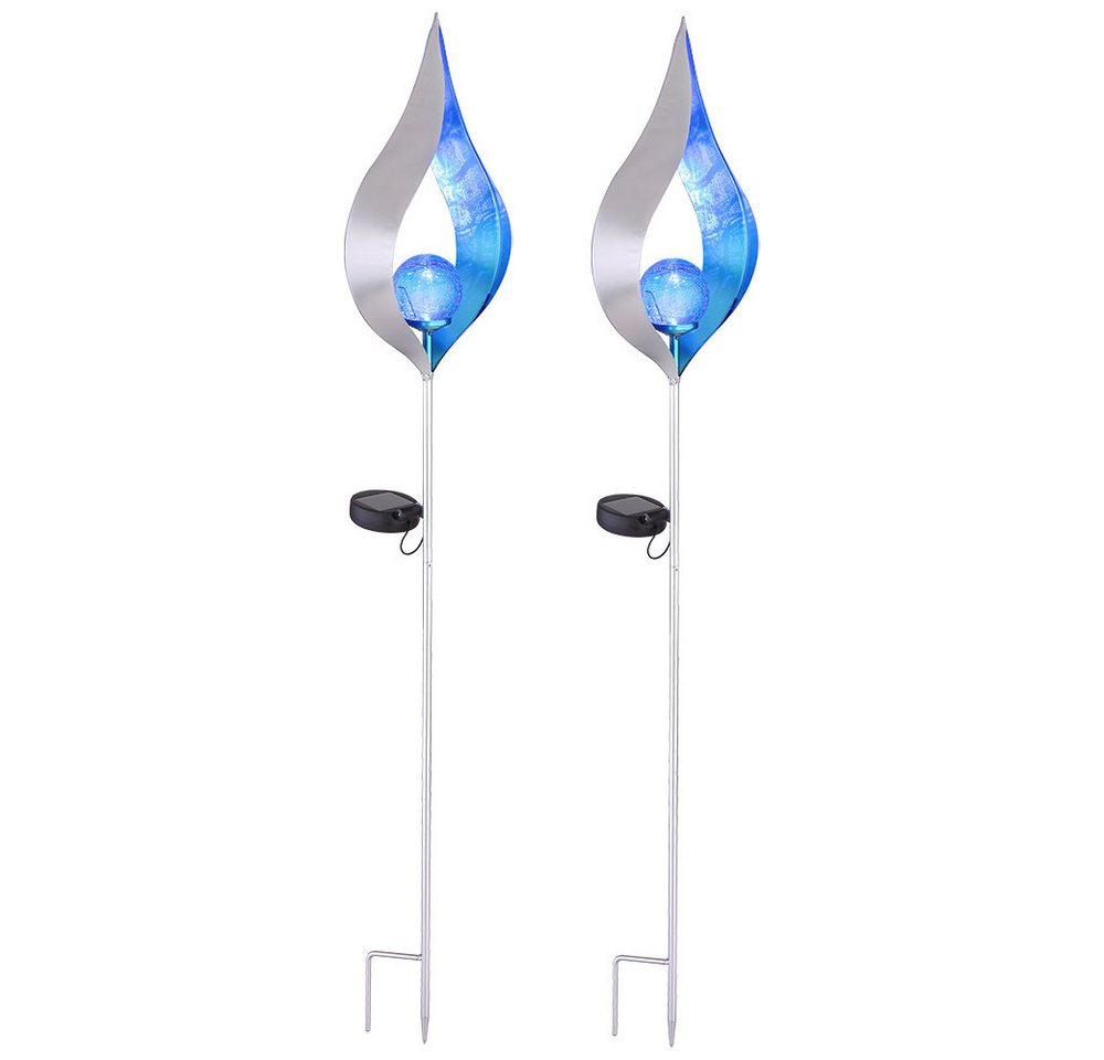 GLOBO LIGHTING LED Solarleuchte, LED-Leuchtmittel fest verbaut, Solarleuchte Stecklampe Außenleuchte LED Flamme silber-blau 2er Set von GLOBO LIGHTING