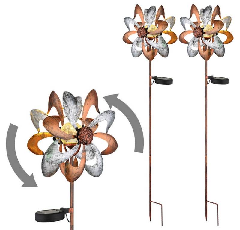 GLOBO LIGHTING LED Solarleuchte, LED-Leuchtmittel fest verbaut, Warmweiß, Solarlampe Außenleuchte Windrad gold silber Gartendeko H 92 cm 2er Set von GLOBO LIGHTING