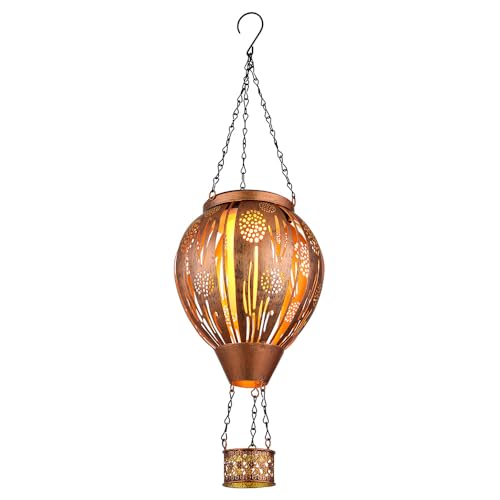 GLOBO Solarlampe Gartendeko LED Solarleuchte Heißluftballon Feuereffekt Außenleuchte Hängelampe Terrassenleuchte, Dekorstanzugen, braun Kupfer, DxH 14 x 46 cm von GLOBO