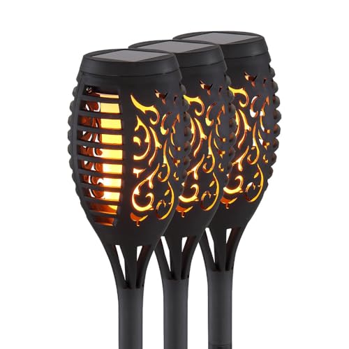 GLOBO Solarlampen für Außen Gartendeko Fackeln Gartenfackel, LED Feuereffekt IP44 Erdspieß, LED warmweiß, Höhe 59,5 cm, 3er Set von GLOBO