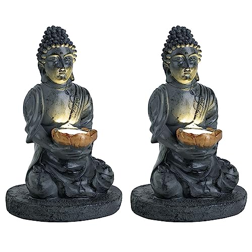 GLOBO Solarleuchte Buddha Solarlampe Gartenfigur Feng Shui Solar Buddha Steinoptik, LED Leuchtmittel, DxH 18x28 cm, 2er Set von GLOBO