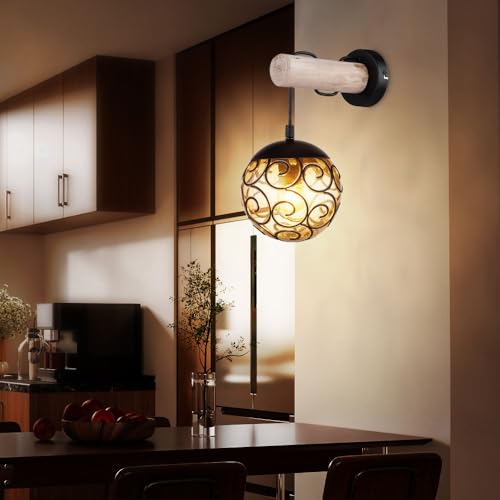 Wandlampe Wandleuchte Holzlampe Flurleuchte Wohnzimmerlampe antik Glas amber von GLOBO