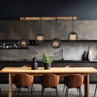 Hängelampe Pendelleuchte Wohnzimmerlampe Esstischleuchte Küchenlampe, Metall schwarz Holz naturfarben, Höhenverstellbar, 4 Flammig E27, h 140 cm von GLOBO LIGHTING