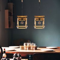 Globo Lighting - Hängeleuchte Holz Esszimmerleuchte Hanfseil Pendelleuchte Holzrahmen, Metall schwarz naturfarben, 1x E27, LxBxH 25x25x120 cm, 2er Set von GLOBO LIGHTING