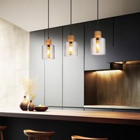 Hängeleuchte Holz Retro Pendelleuchte Rauchglas Hängelampe schwarz, Höhenverstellbar, Metall, 3x E27 Fassung, LxBxH 64x12x120 cm von GLOBO LIGHTING