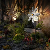 LED Solarlampe Windrad rostfarben Gartendeko Terrassenlampe silber grau Außenlampe Erdspieß, Metall, Bruchglas, warmweiß, LxH 20x50 cm, 2er Set von GLOBO LIGHTING
