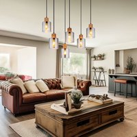 Pendellampe Esstischleuchte Rauchglas Wohnzimmerlampe Hängelampe 6 flammig Esstischleuchte, Metall, Holz, LxH 67 x 120 cm von GLOBO LIGHTING
