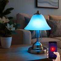Smart LED Tischleuchte dimmbar Nachttischleuchte Alabaster Glas Tischlampe Schlafzimmer, Farbwechsel, Nickel matt, 5W 470lm warmweiß-kaltweiß, DxH von GLOBO LIGHTING