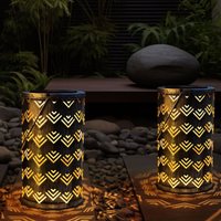 Solarleuchte Laterne Solarlaterne silber antik Außenleuchte Laterne Lichteffekt, Dekorstanzungen, Metall, 1x led 0,06W warmweiß, DxH 11x19 cm, 2er Set von GLOBO LIGHTING